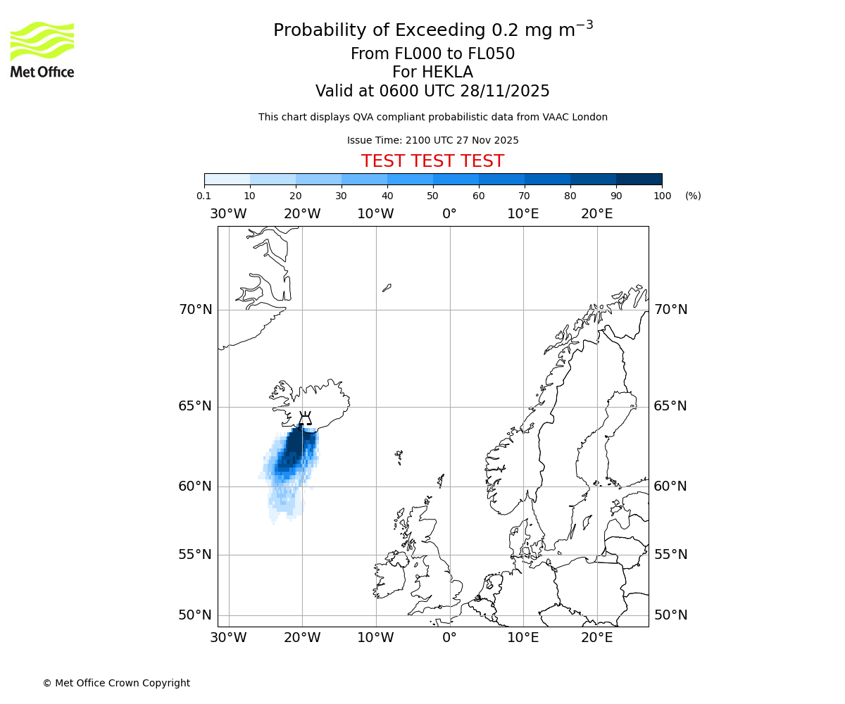 Probability of exceeding 0.2 milligrams per metre cubed. From 000 to 050 for HEKLA. Valid at 0600 UTC 28/11/2025