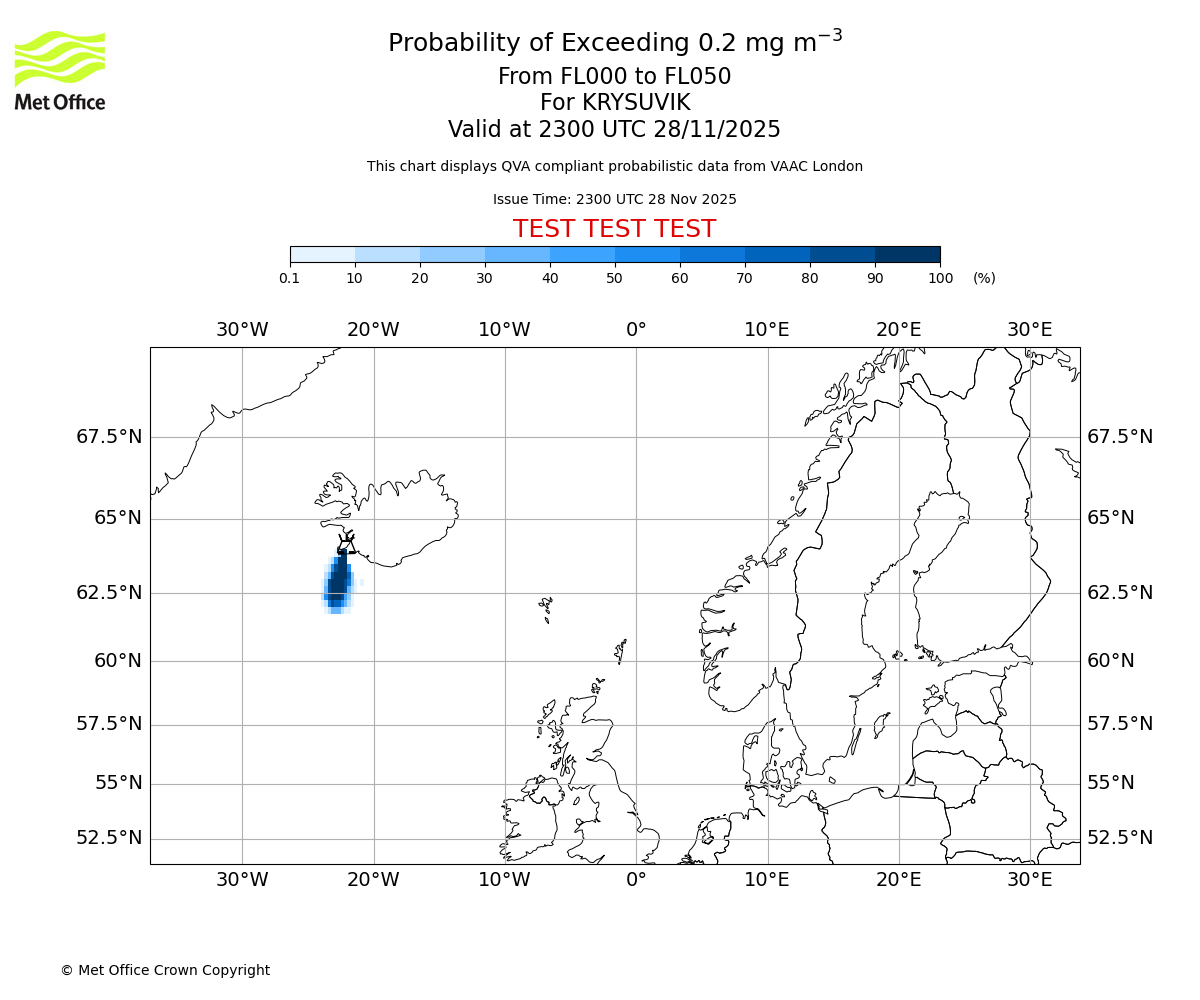 Probability of exceeding 0.2 milligrams per metre cubed. From 000 to 050 for KRYSUVIK. Valid at 2300 UTC 28/11/2025