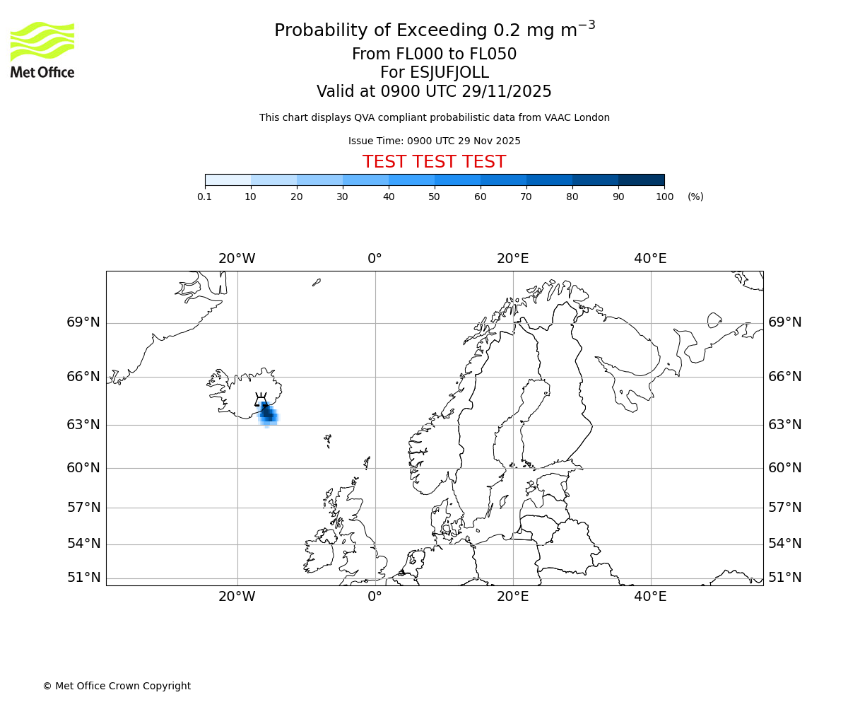 Probability of exceeding 0.2 milligrams per metre cubed. From 000 to 050 for ESJUFJOLL. Valid at 0900 UTC 29/11/2025