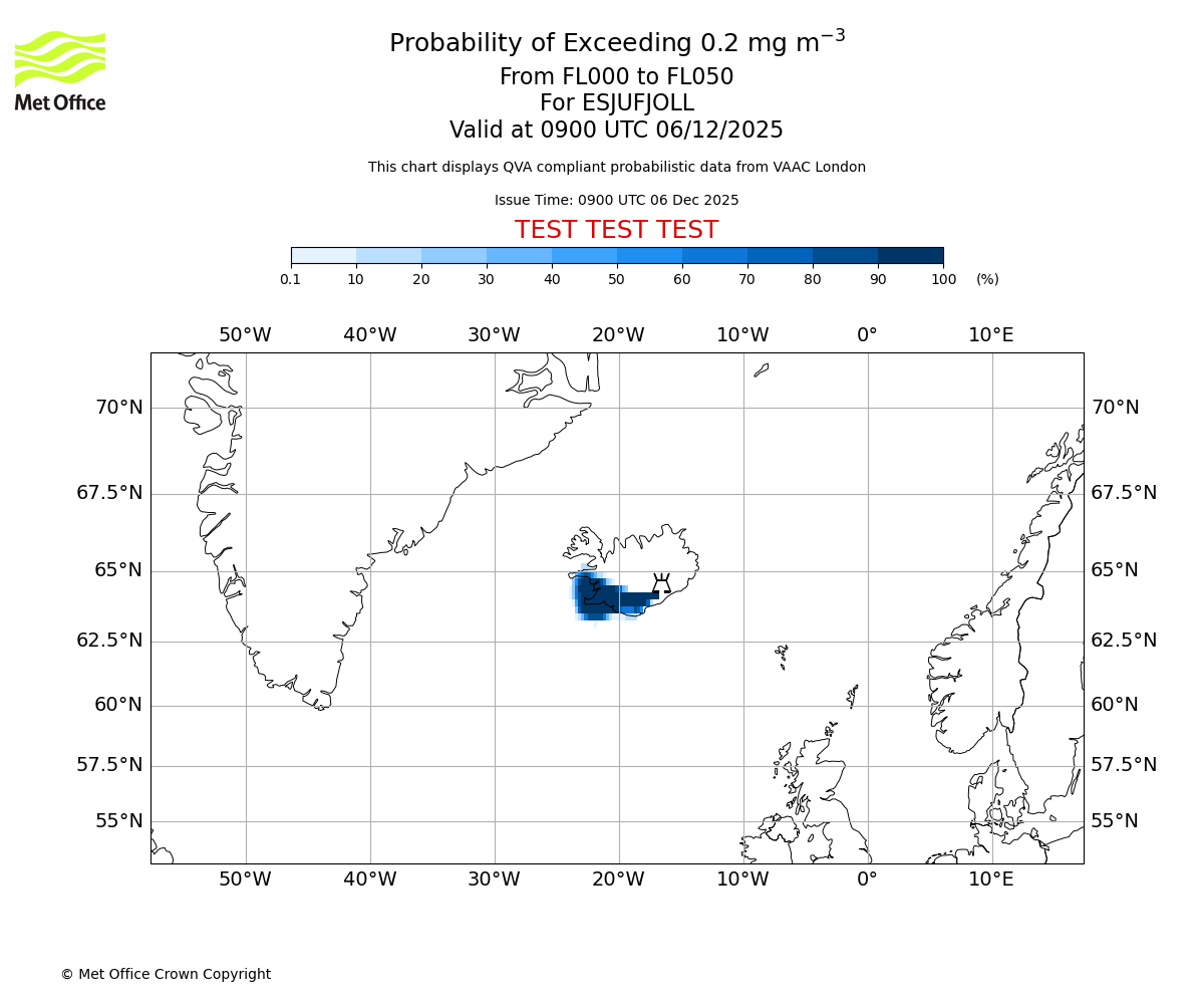 Probability of exceeding 0.2 milligrams per metre cubed. From 000 to 050 for ESJUFJOLL. Valid at 0900 UTC 06/12/2025