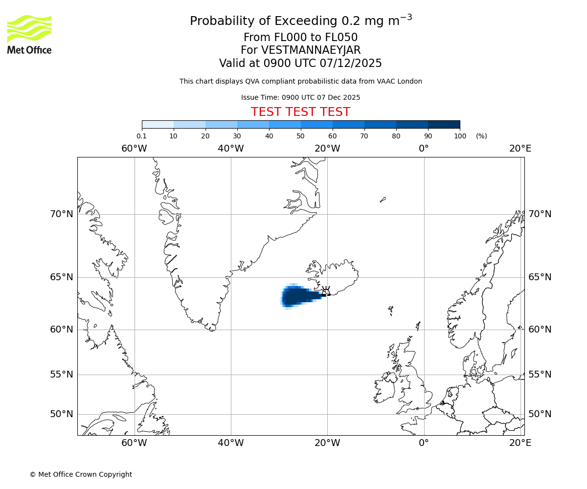 Probability of exceeding 0.2 milligrams per metre cubed. From 000 to 050 for VESTMANNAEYJAR. Valid at 0900 UTC 07/12/2025
