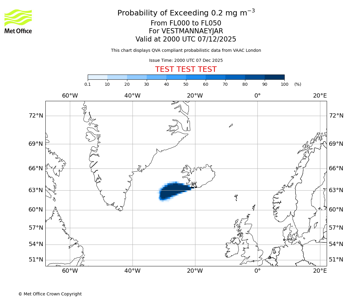 Probability of exceeding 0.2 milligrams per metre cubed. From 000 to 050 for VESTMANNAEYJAR. Valid at 2000 UTC 07/12/2025