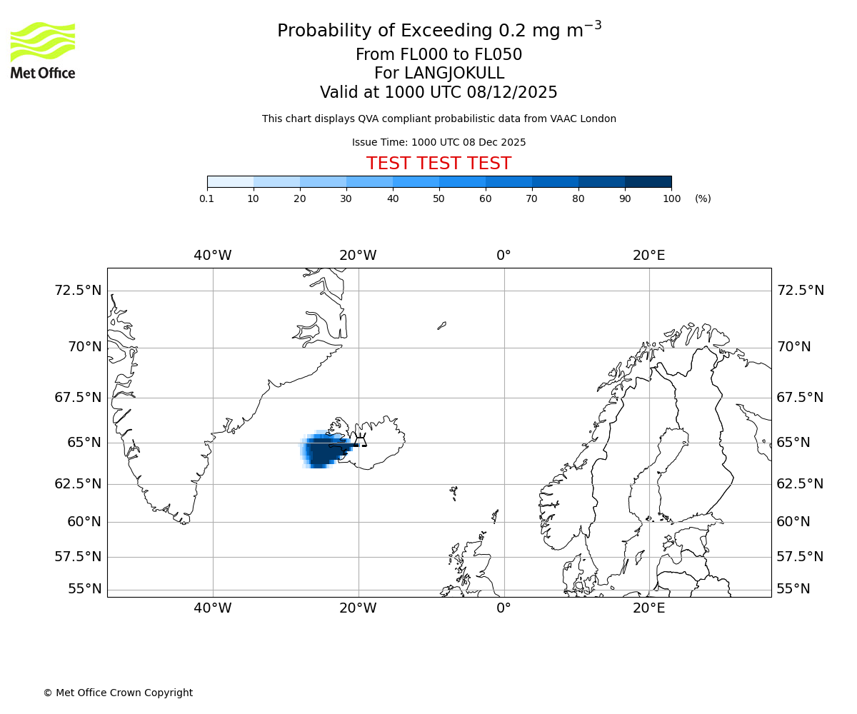 Probability of exceeding 0.2 milligrams per metre cubed. From 000 to 050 for LANGJOKULL. Valid at 1000 UTC 08/12/2025