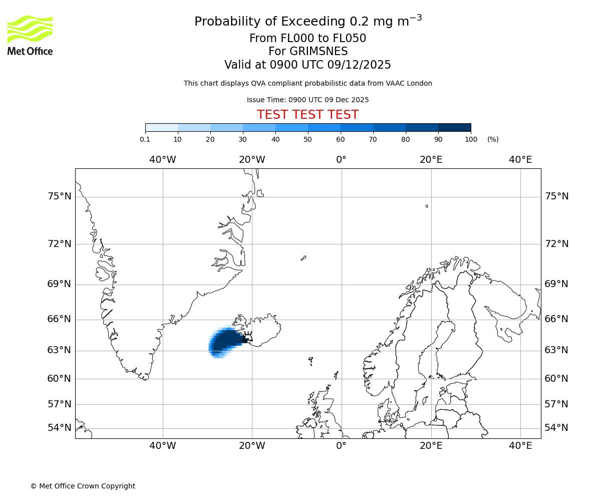 Probability of exceeding 0.2 milligrams per metre cubed. From 000 to 050 for GRIMSNES. Valid at 0900 UTC 09/12/2025