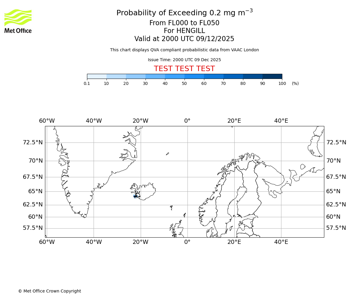 Probability of exceeding 0.2 milligrams per metre cubed. From 000 to 050 for HENGILL. Valid at 2000 UTC 09/12/2025