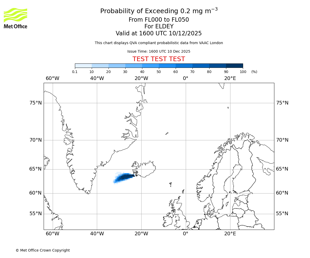 Probability of exceeding 0.2 milligrams per metre cubed. From 000 to 050 for ELDEY. Valid at 1600 UTC 10/12/2025