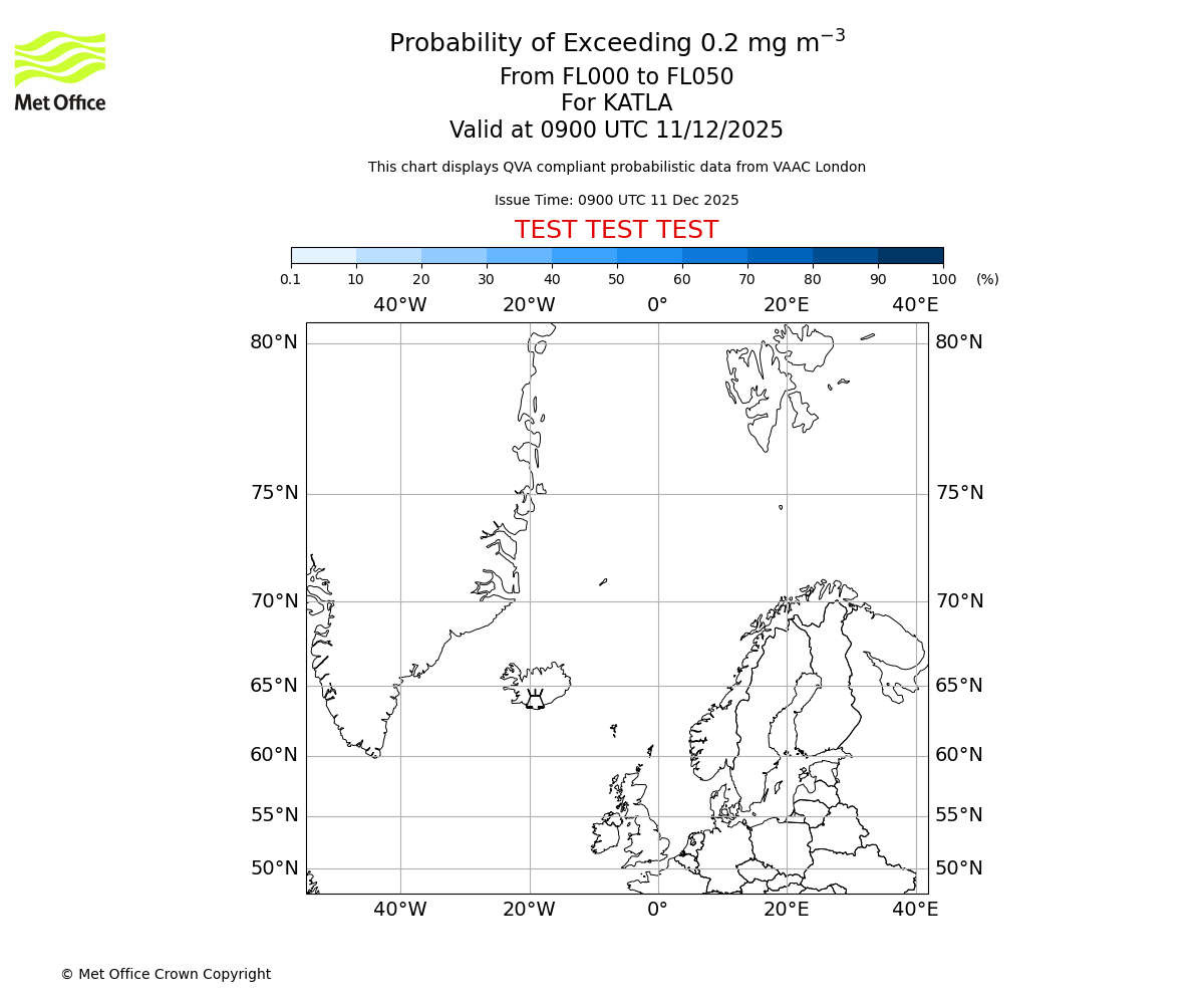 Probability of exceeding 0.2 milligrams per metre cubed. From 000 to 050 for KATLA. Valid at 0900 UTC 11/12/2025