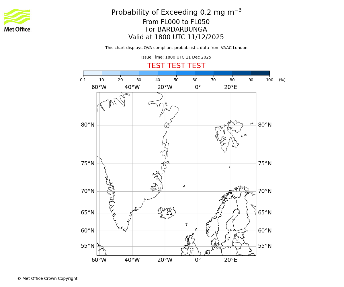 Probability of exceeding 0.2 milligrams per metre cubed. From 000 to 050 for BARDARBUNGA. Valid at 1800 UTC 11/12/2025