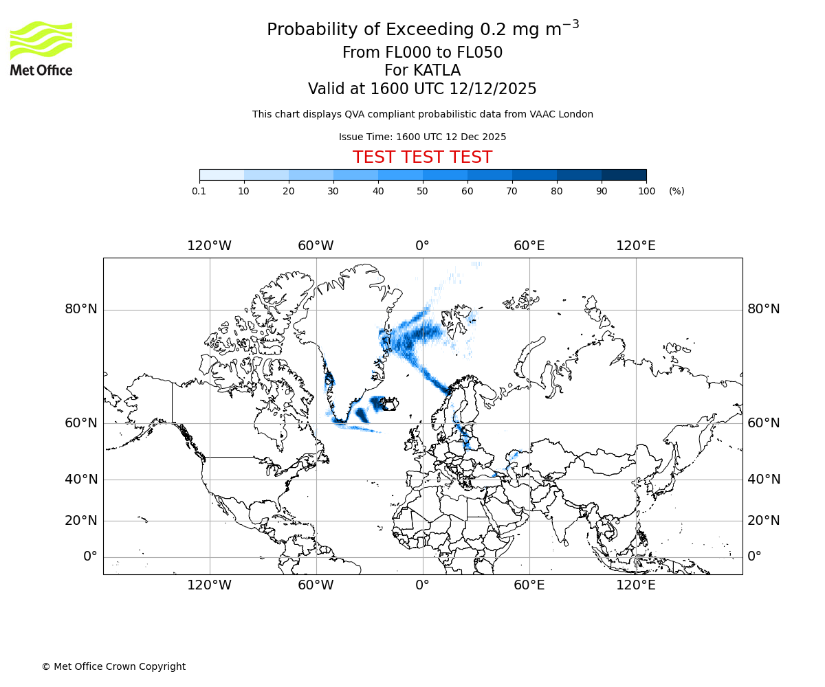 Probability of exceeding 0.2 milligrams per metre cubed. From 000 to 050 for KATLA. Valid at 1600 UTC 12/12/2025