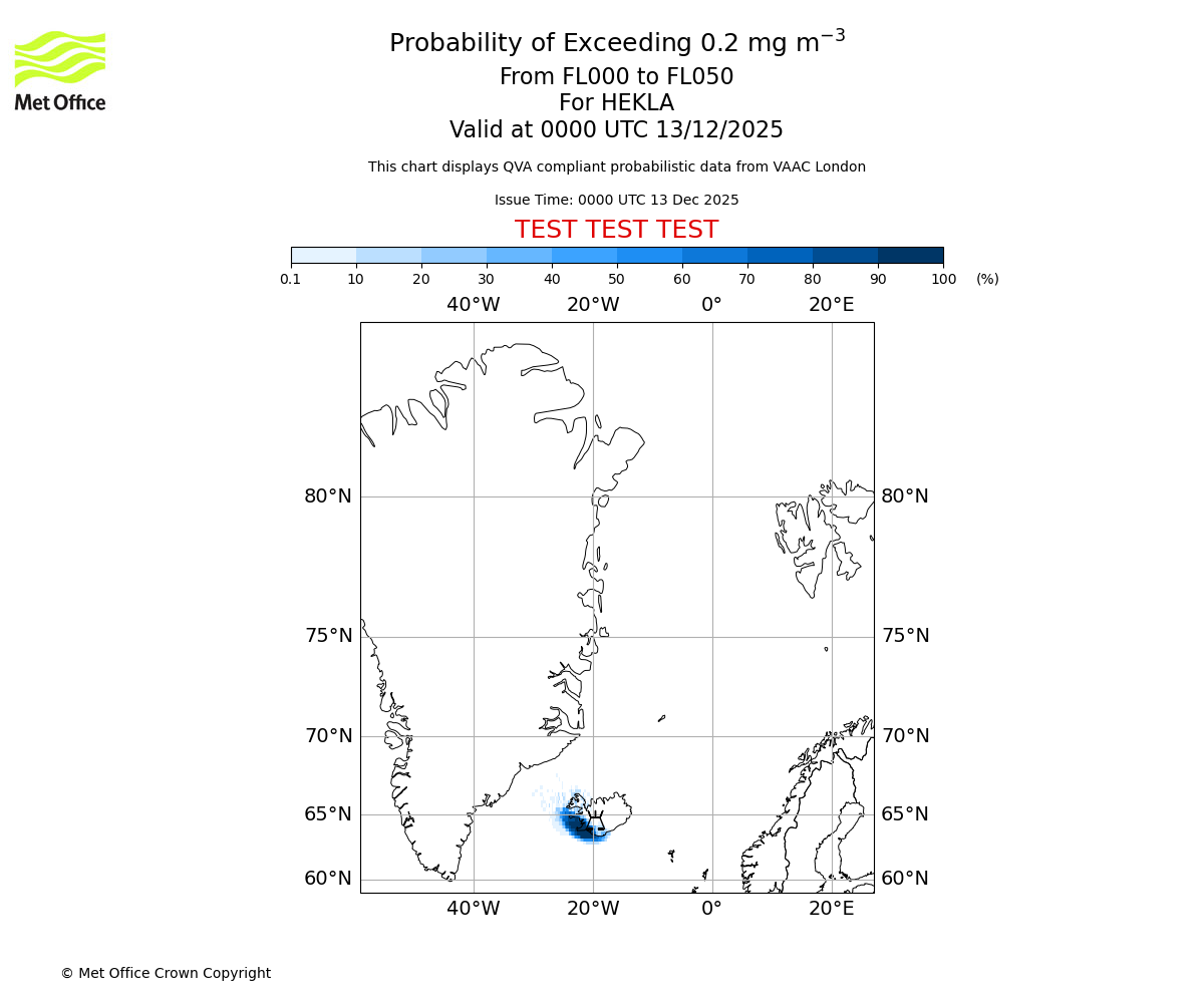 Probability of exceeding 0.2 milligrams per metre cubed. From 000 to 050 for HEKLA. Valid at 0000 UTC 13/12/2025