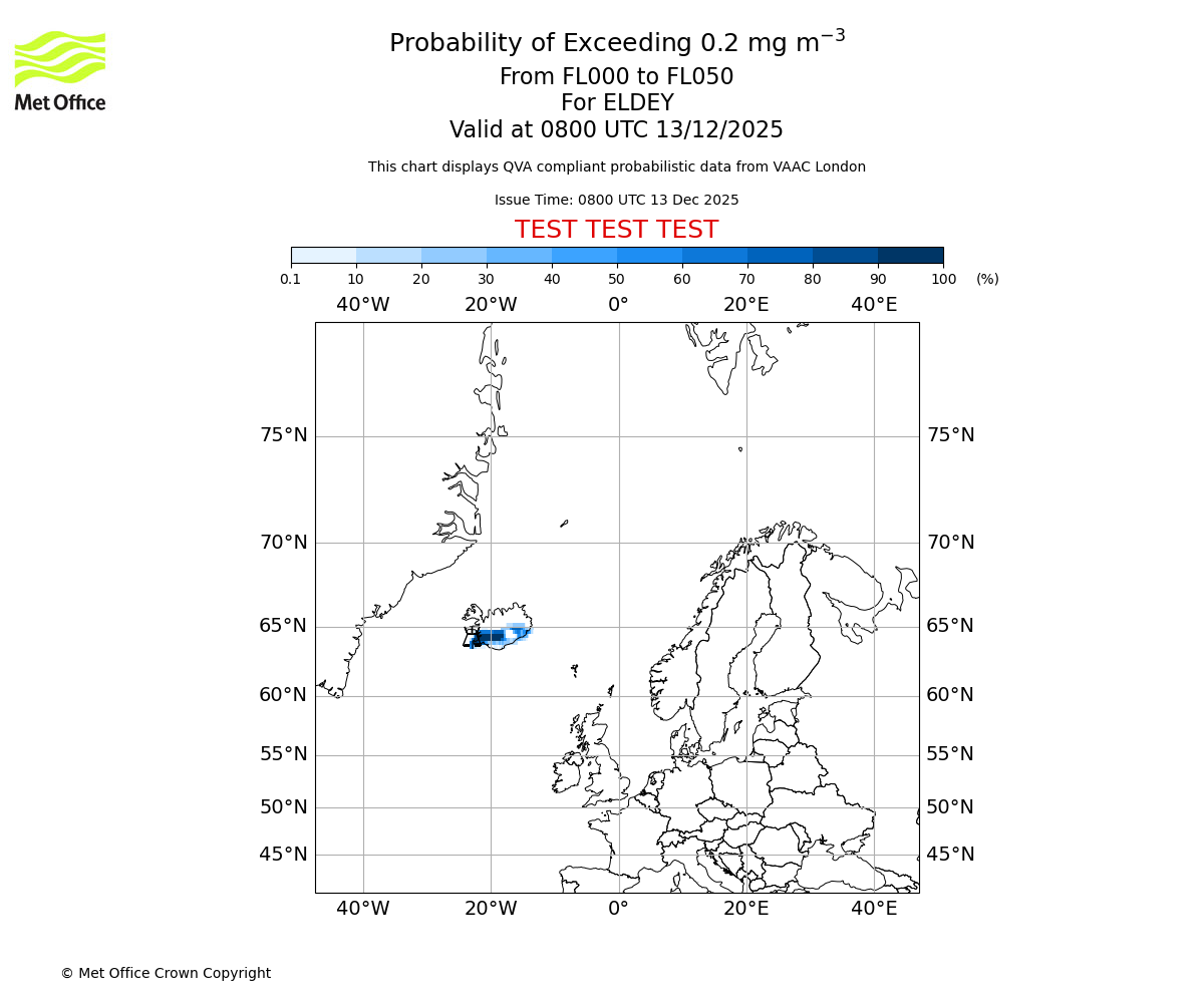Probability of exceeding 0.2 milligrams per metre cubed. From 000 to 050 for ELDEY. Valid at 0800 UTC 13/12/2025
