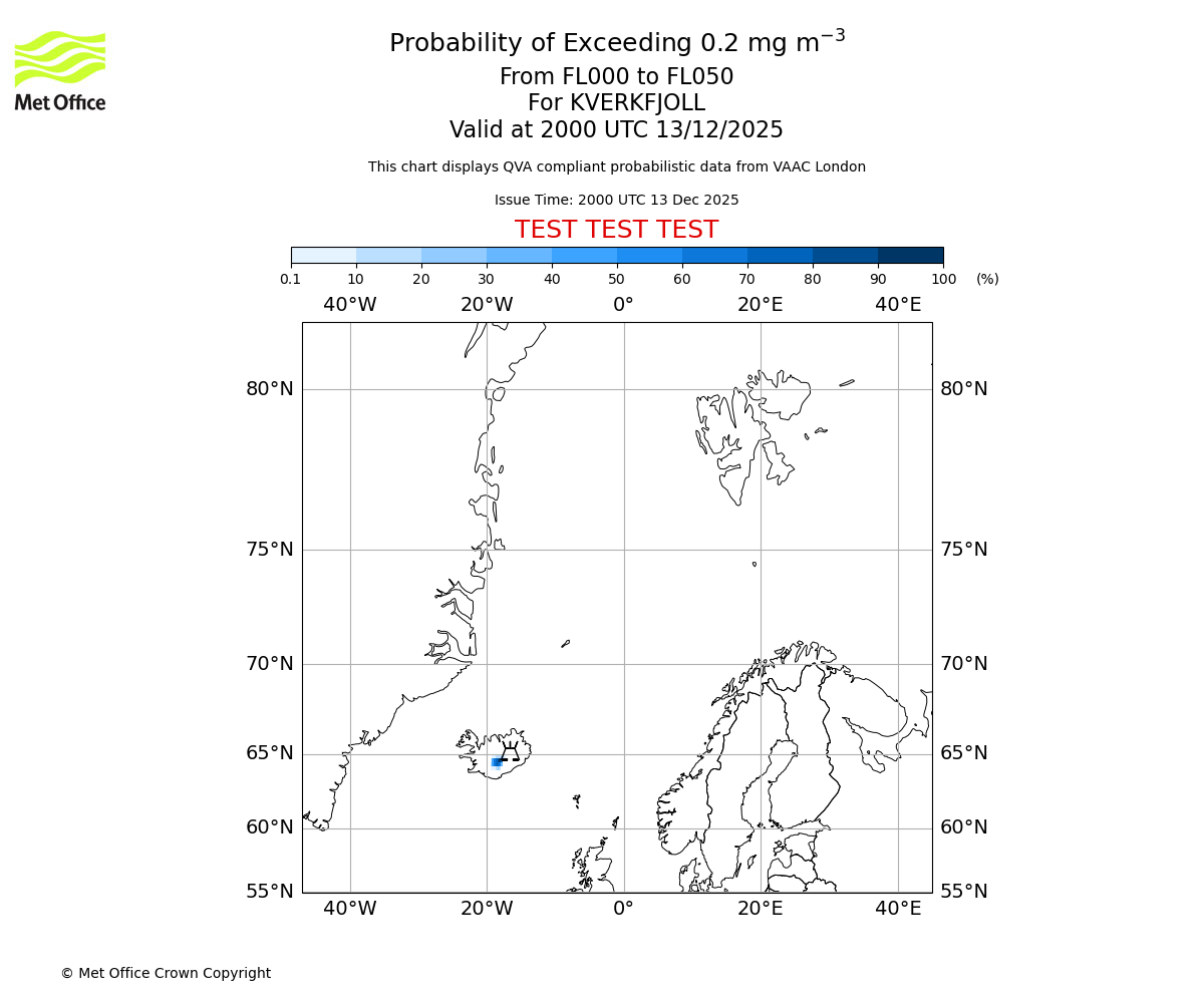 Probability of exceeding 0.2 milligrams per metre cubed. From 000 to 050 for KVERKFJOLL. Valid at 2000 UTC 13/12/2025