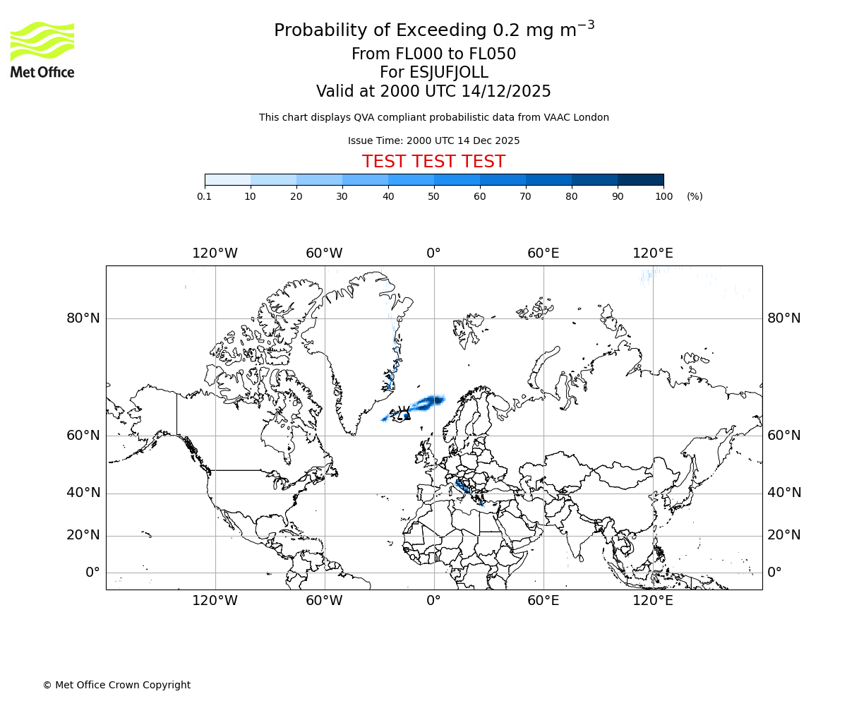 Probability of exceeding 0.2 milligrams per metre cubed. From 000 to 050 for ESJUFJOLL. Valid at 2000 UTC 14/12/2025