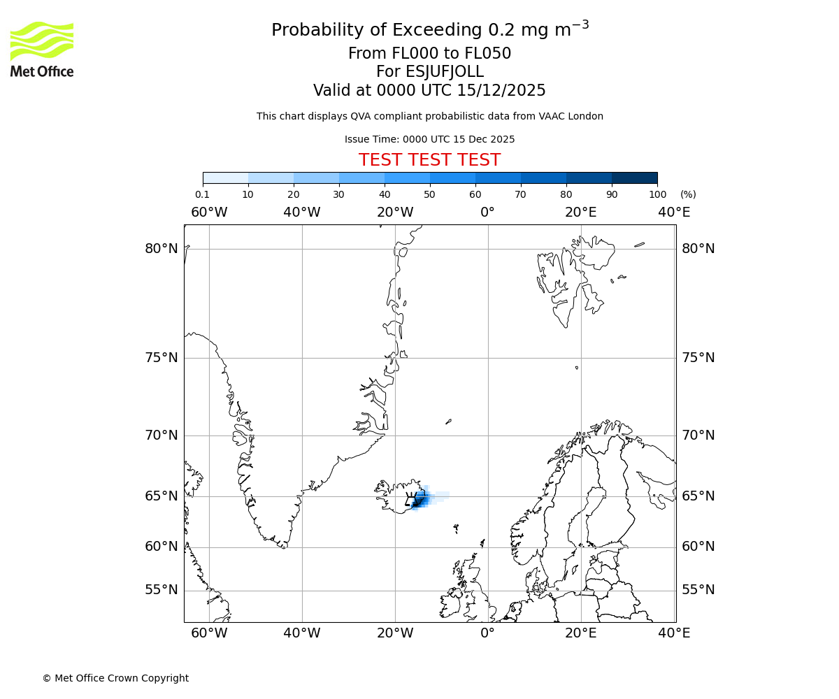 Probability of exceeding 0.2 milligrams per metre cubed. From 000 to 050 for ESJUFJOLL. Valid at 0000 UTC 15/12/2025