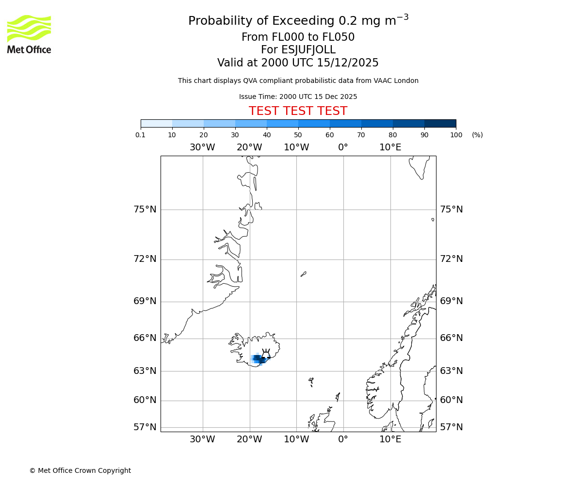 Probability of exceeding 0.2 milligrams per metre cubed. From 000 to 050 for ESJUFJOLL. Valid at 2000 UTC 15/12/2025