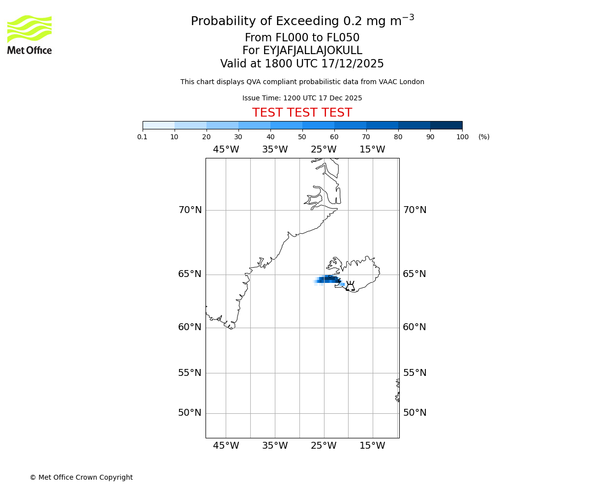 Probability of exceeding 0.2 milligrams per metre cubed. From 000 to 050 for EYJAFJALLAJOKULL. Valid at 1800 UTC 17/12/2025