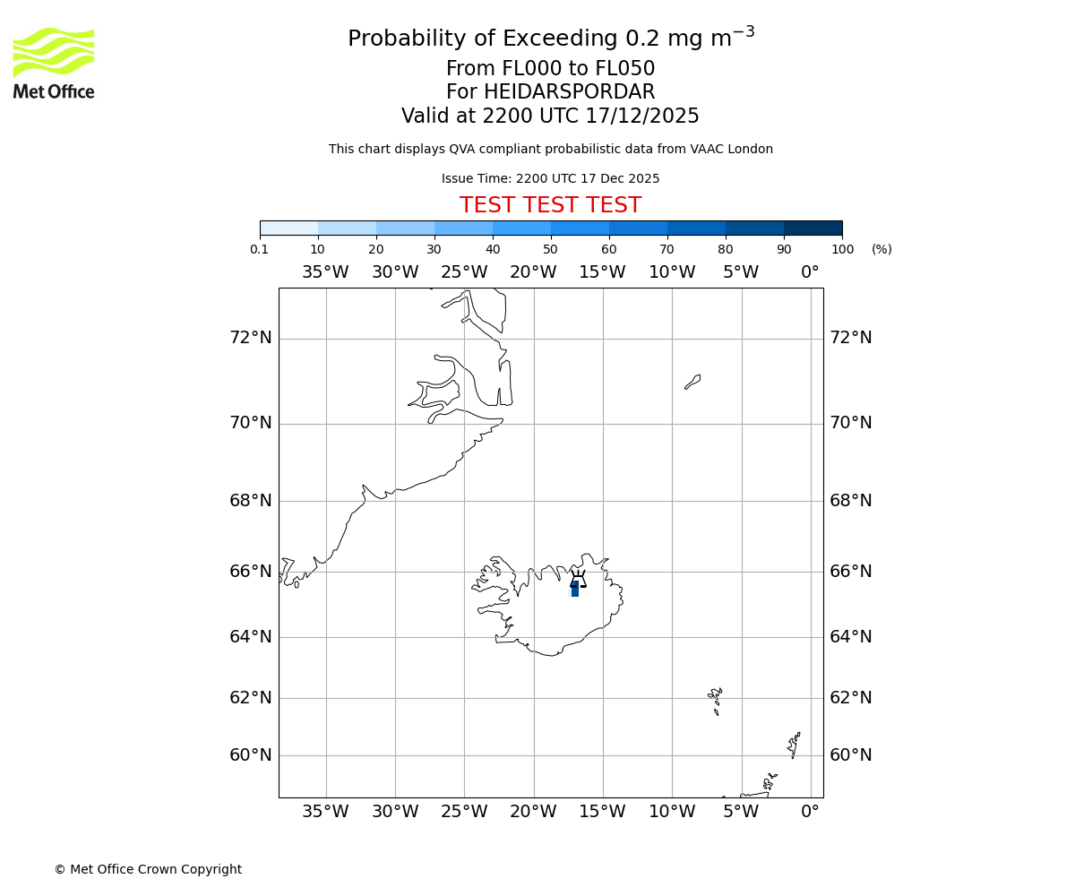 Probability of exceeding 0.2 milligrams per metre cubed. From 000 to 050 for HEIDARSPORDAR. Valid at 2200 UTC 17/12/2025