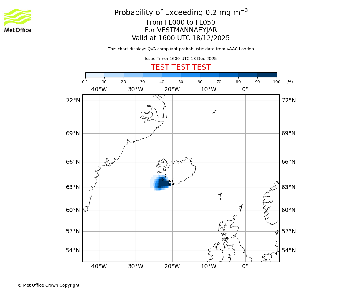 Probability of exceeding 0.2 milligrams per metre cubed. From 000 to 050 for VESTMANNAEYJAR. Valid at 1600 UTC 18/12/2025