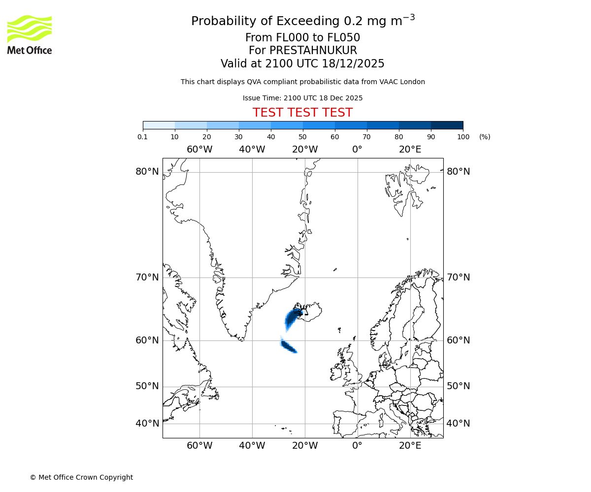 Probability of exceeding 0.2 milligrams per metre cubed. From 000 to 050 for PRESTAHNUKUR. Valid at 2100 UTC 18/12/2025
