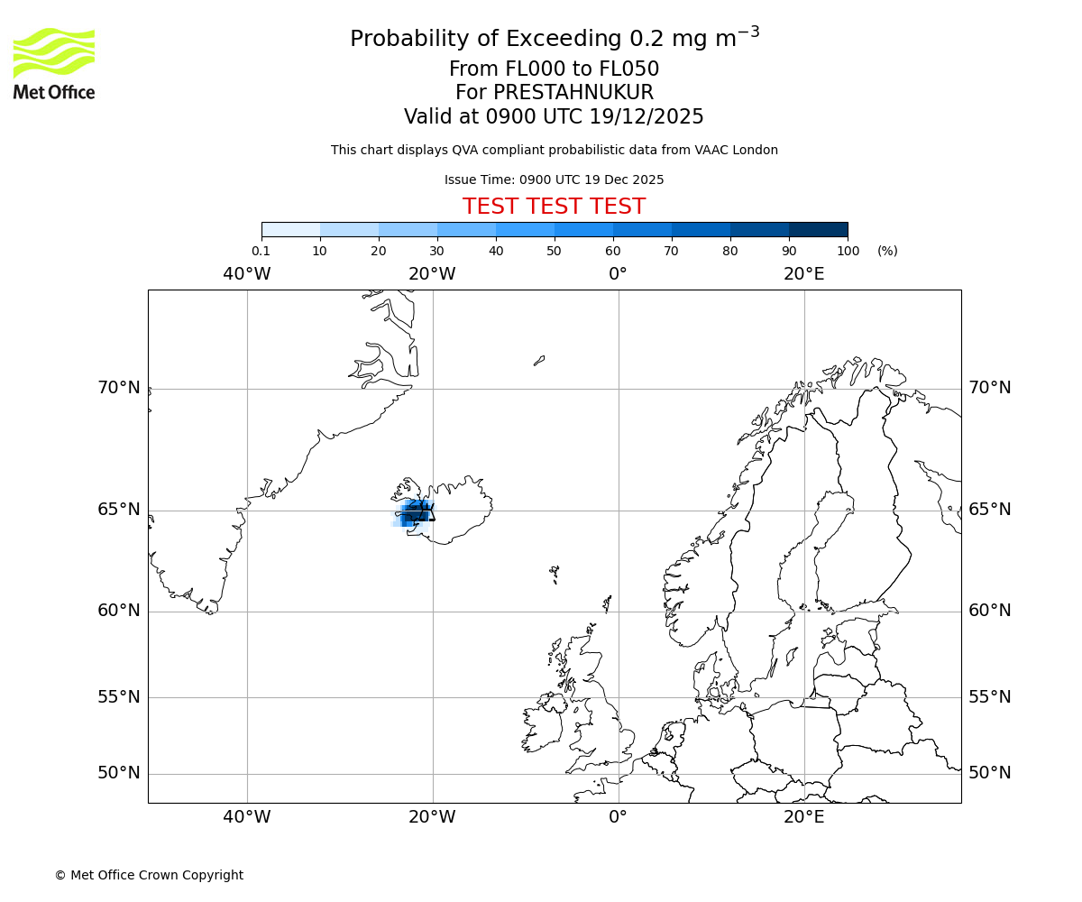 Probability of exceeding 0.2 milligrams per metre cubed. From 000 to 050 for PRESTAHNUKUR. Valid at 0900 UTC 19/12/2025