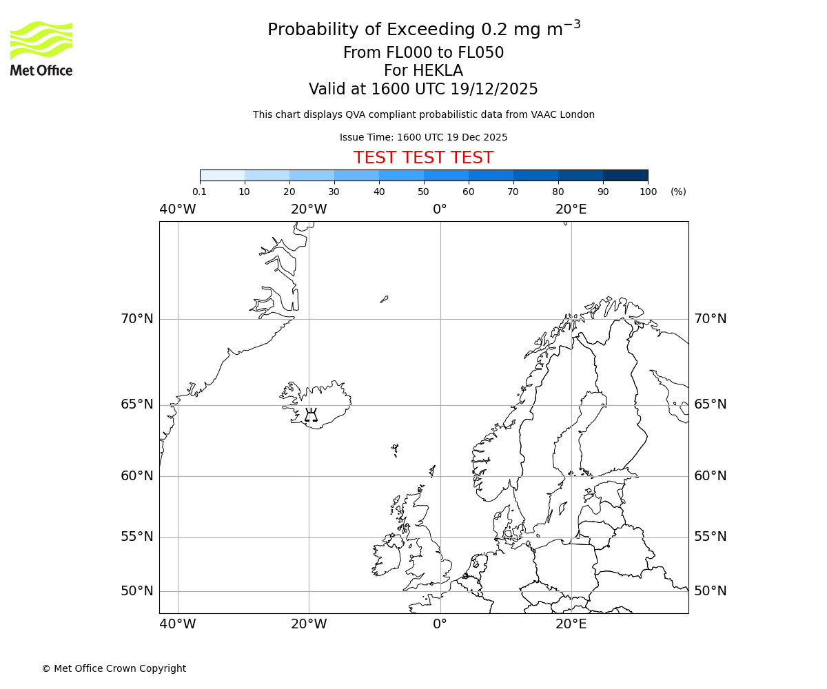 Probability of exceeding 0.2 milligrams per metre cubed. From 000 to 050 for HEKLA. Valid at 1600 UTC 19/12/2025