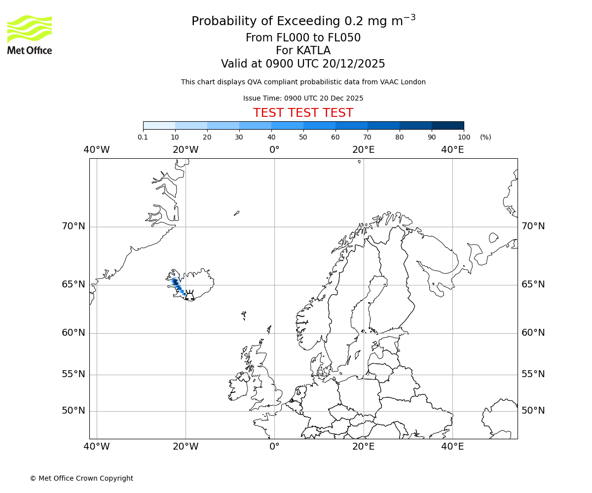 Probability of exceeding 0.2 milligrams per metre cubed. From 000 to 050 for KATLA. Valid at 0900 UTC 20/12/2025