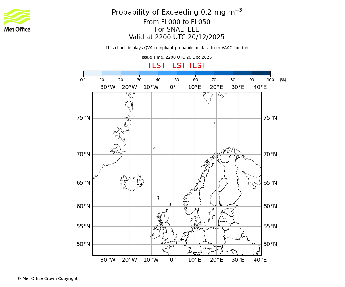 Probability of exceeding 0.2 milligrams per metre cubed. From 000 to 050 for SNAEFELL. Valid at 2200 UTC 20/12/2025