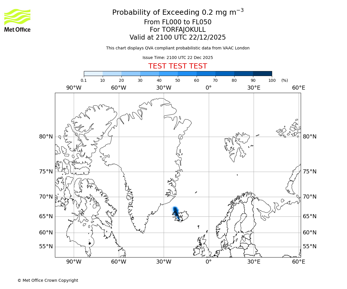 Probability of exceeding 0.2 milligrams per metre cubed. From 000 to 050 for TORFAJOKULL. Valid at 2100 UTC 22/12/2025