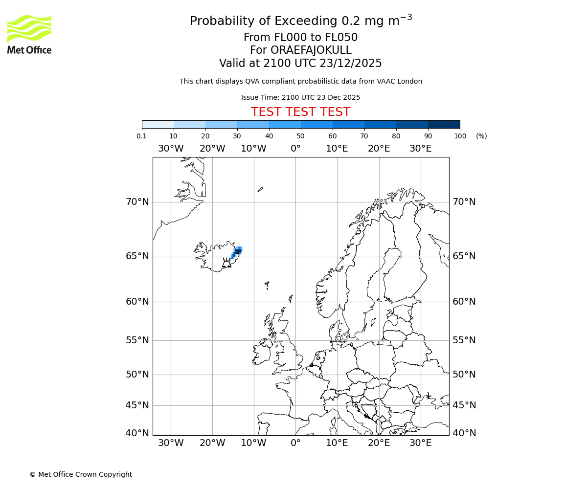 Probability of exceeding 0.2 milligrams per metre cubed. From 000 to 050 for ORAEFAJOKULL. Valid at 2100 UTC 23/12/2025