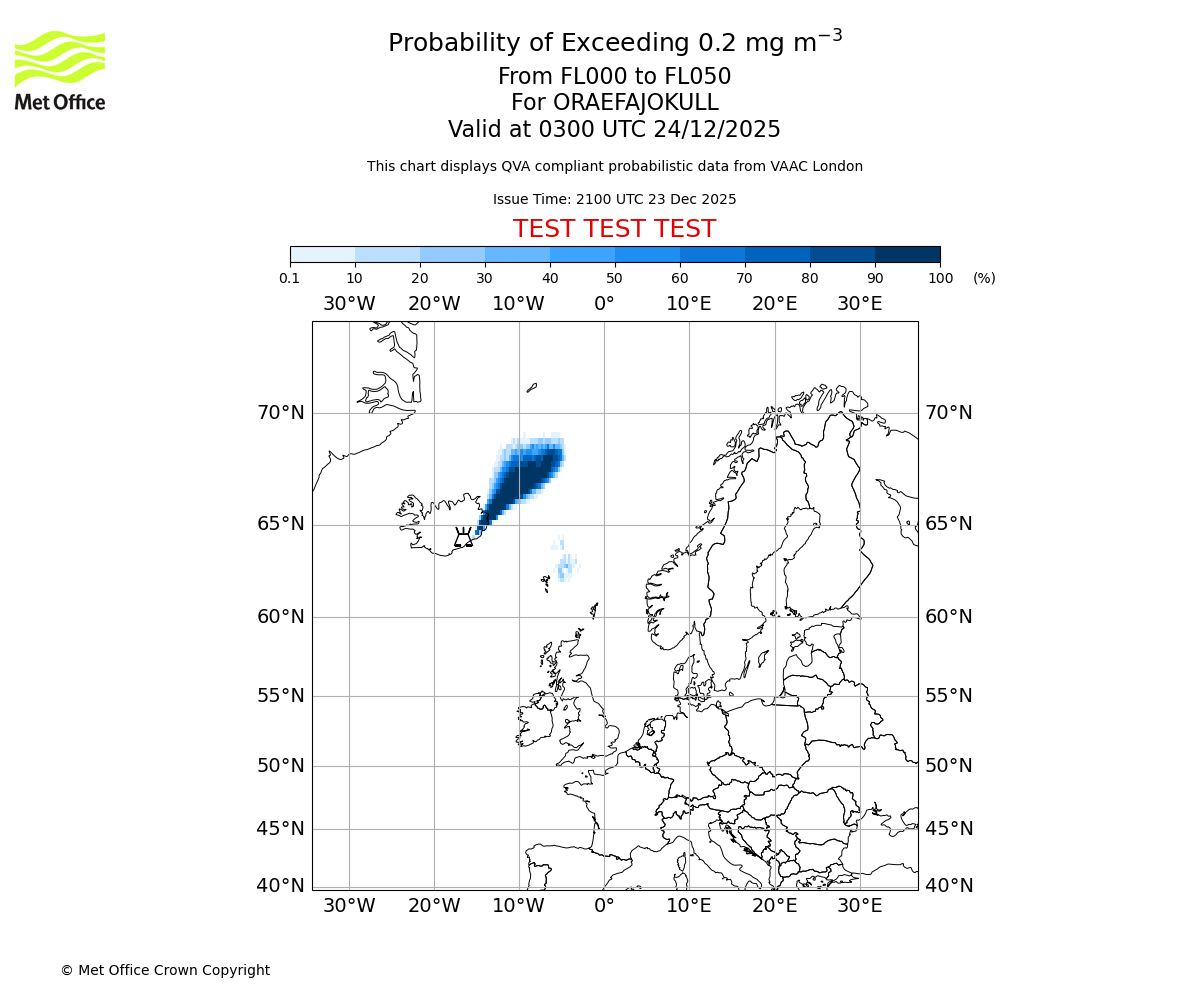 Probability of exceeding 0.2 milligrams per metre cubed. From 000 to 050 for ORAEFAJOKULL. Valid at 0300 UTC 24/12/2025