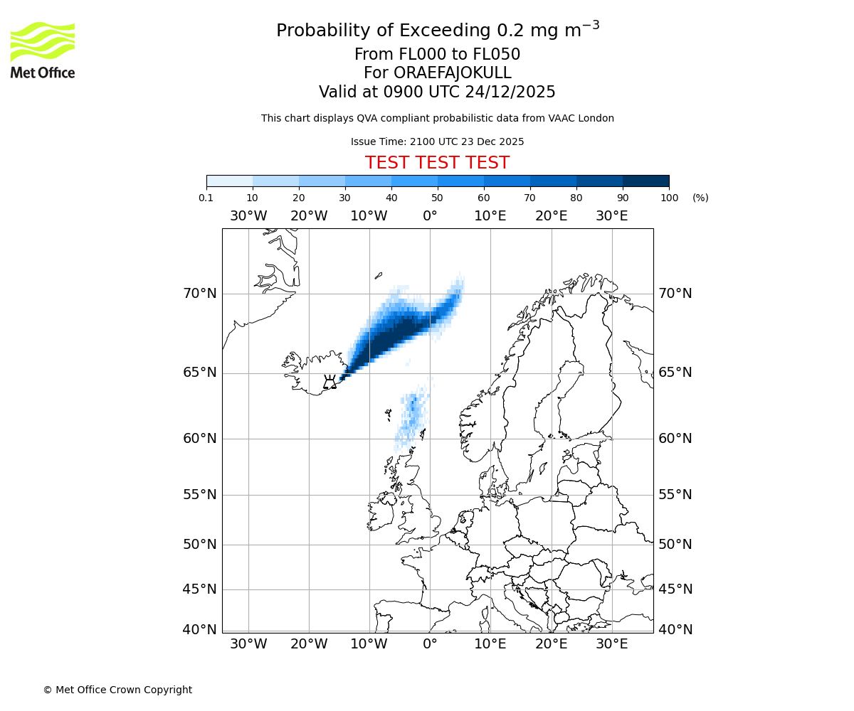 Probability of exceeding 0.2 milligrams per metre cubed. From 000 to 050 for ORAEFAJOKULL. Valid at 0900 UTC 24/12/2025