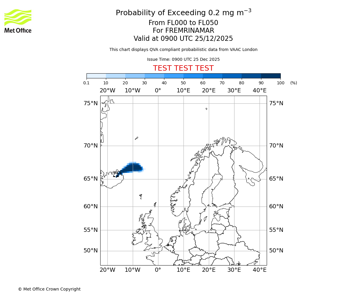 Probability of exceeding 0.2 milligrams per metre cubed. From 000 to 050 for FREMRINAMAR. Valid at 0900 UTC 25/12/2025