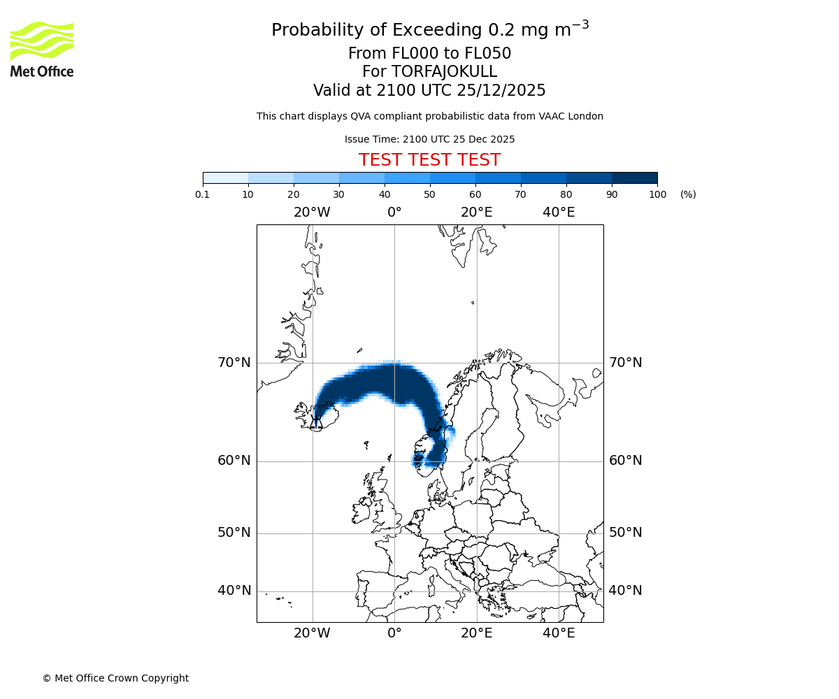 Probability of exceeding 0.2 milligrams per metre cubed. From 000 to 050 for TORFAJOKULL. Valid at 2100 UTC 25/12/2025