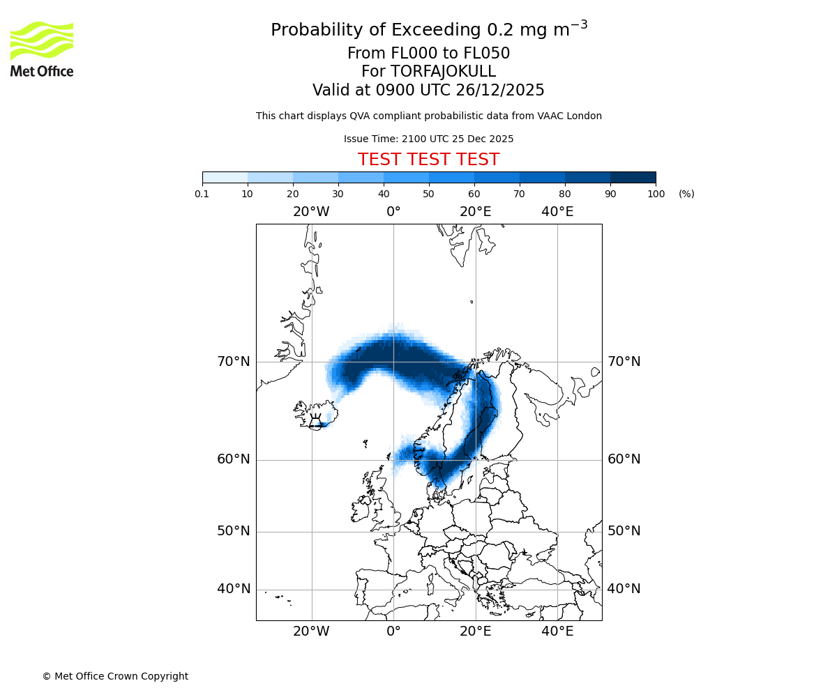 Probability of exceeding 0.2 milligrams per metre cubed. From 000 to 050 for TORFAJOKULL. Valid at 0900 UTC 26/12/2025