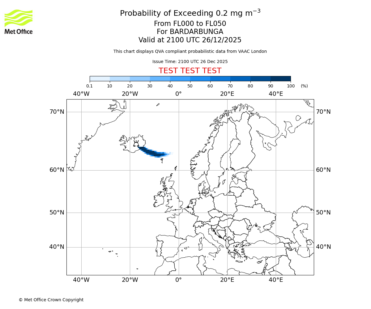 Probability of exceeding 0.2 milligrams per metre cubed. From 000 to 050 for BARDARBUNGA. Valid at 2100 UTC 26/12/2025
