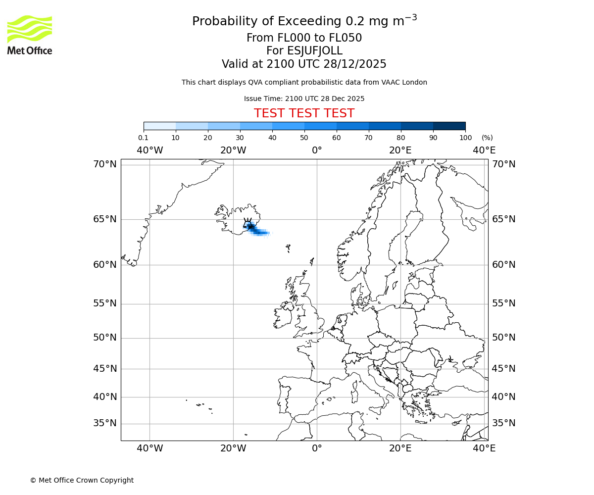 Probability of exceeding 0.2 milligrams per metre cubed. From 000 to 050 for ESJUFJOLL. Valid at 2100 UTC 28/12/2025