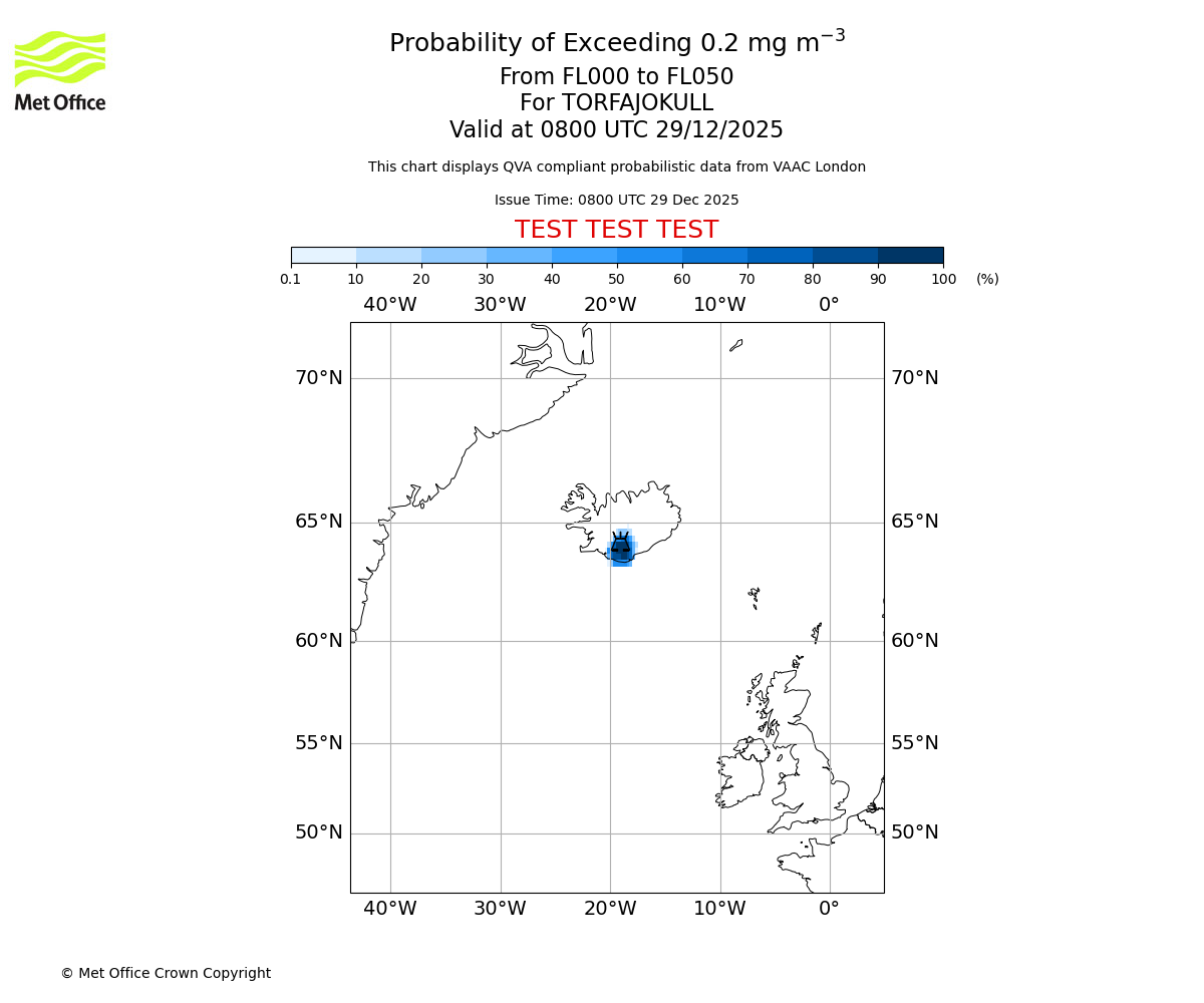 Probability of exceeding 0.2 milligrams per metre cubed. From 000 to 050 for TORFAJOKULL. Valid at 0800 UTC 29/12/2025