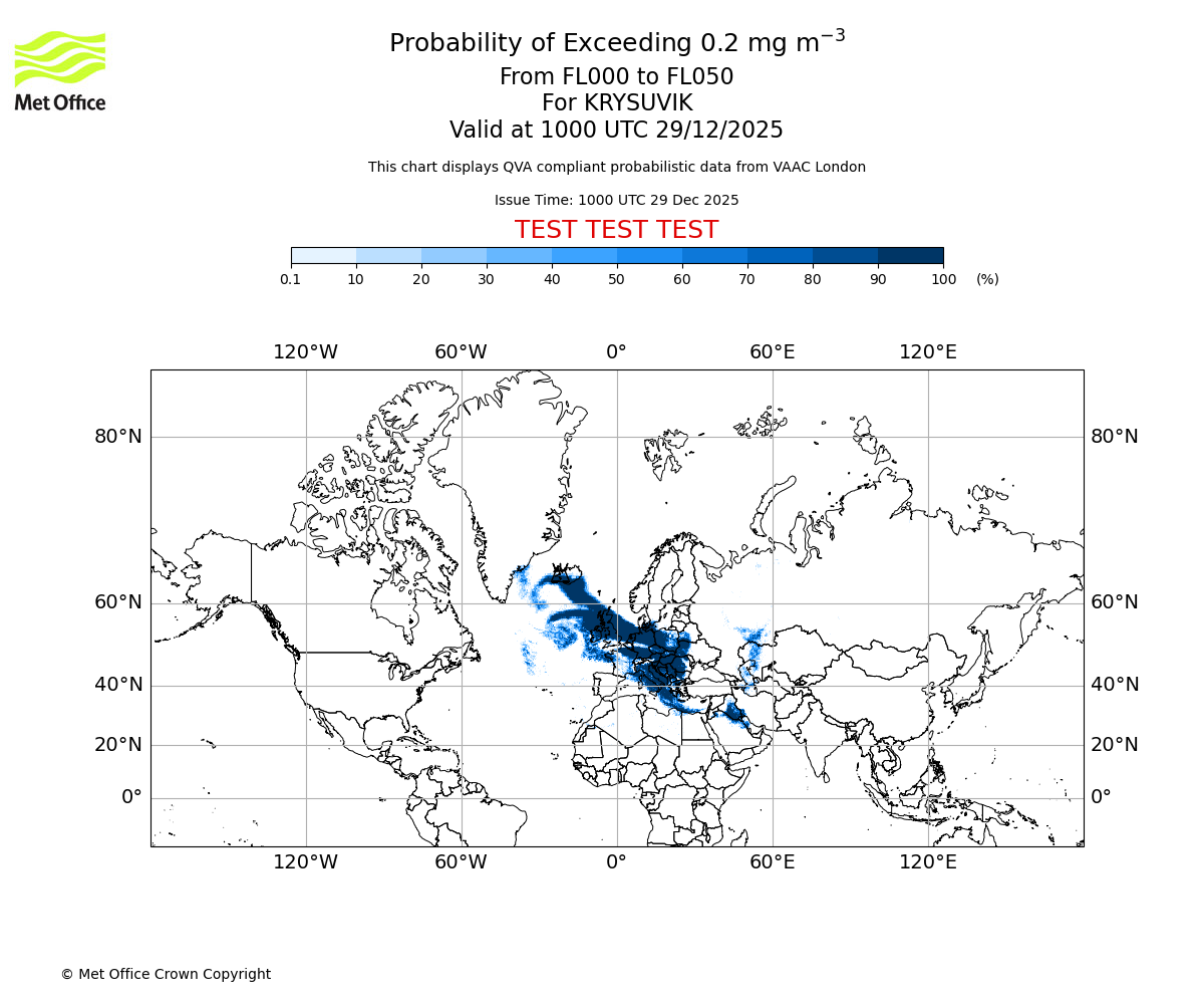Probability of exceeding 0.2 milligrams per metre cubed. From 000 to 050 for KRYSUVIK. Valid at 1000 UTC 29/12/2025