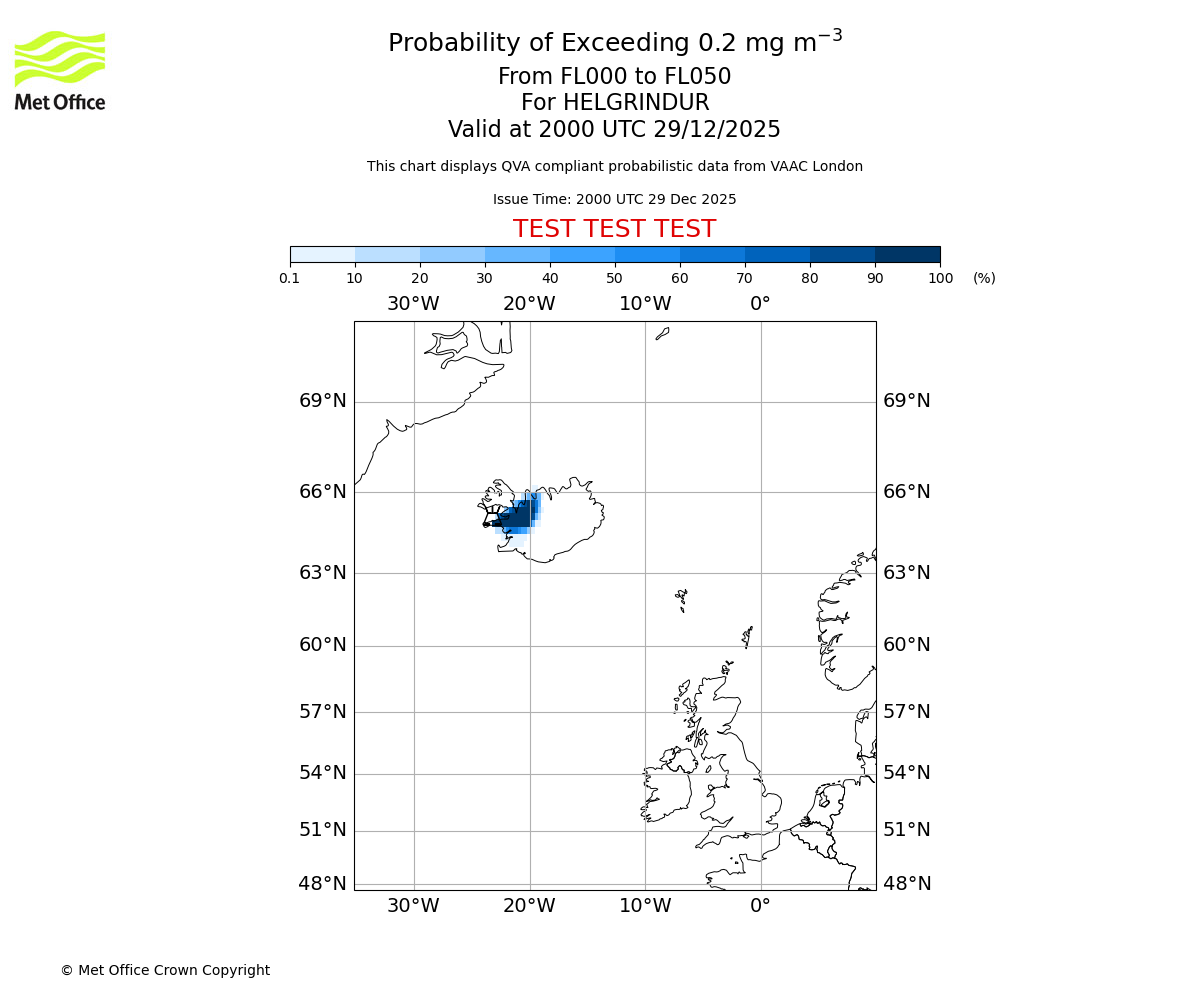 Probability of exceeding 0.2 milligrams per metre cubed. From 000 to 050 for HELGRINDUR. Valid at 2000 UTC 29/12/2025