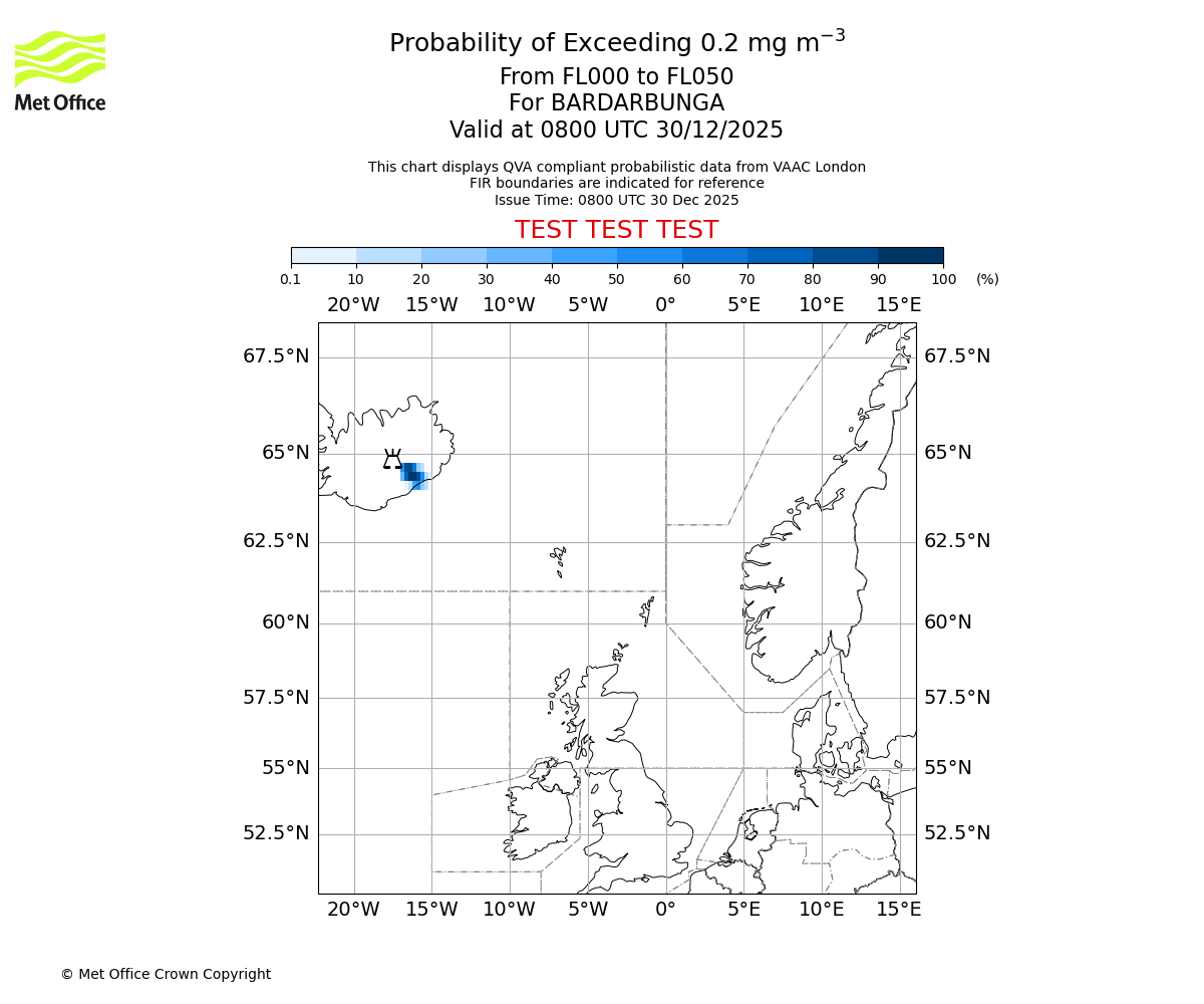 Probability of exceeding 0.2 milligrams per metre cubed. From 000 to 050 for BARDARBUNGA. Valid at 0800 UTC 30/12/2025