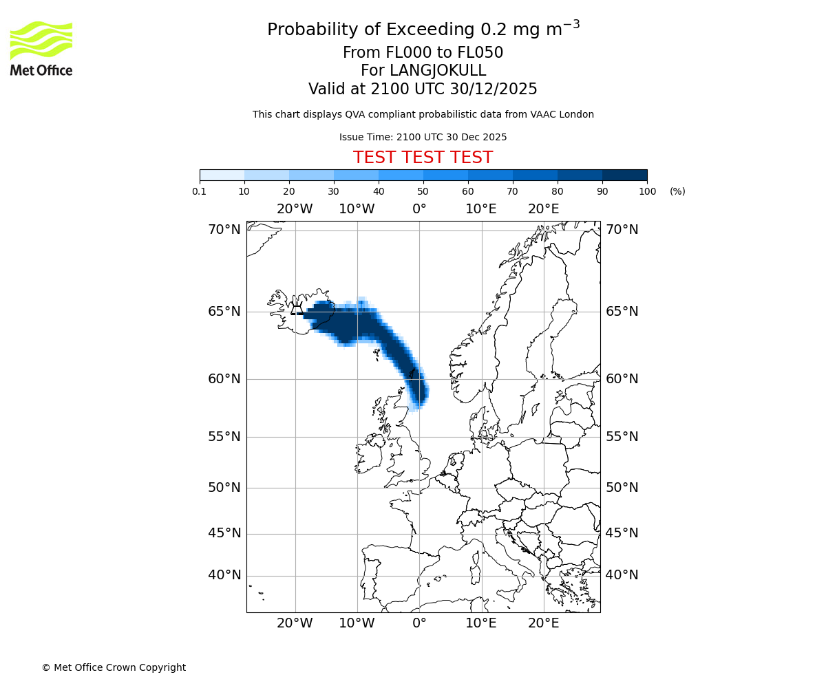 Probability of exceeding 0.2 milligrams per metre cubed. From 000 to 050 for LANGJOKULL. Valid at 2100 UTC 30/12/2025