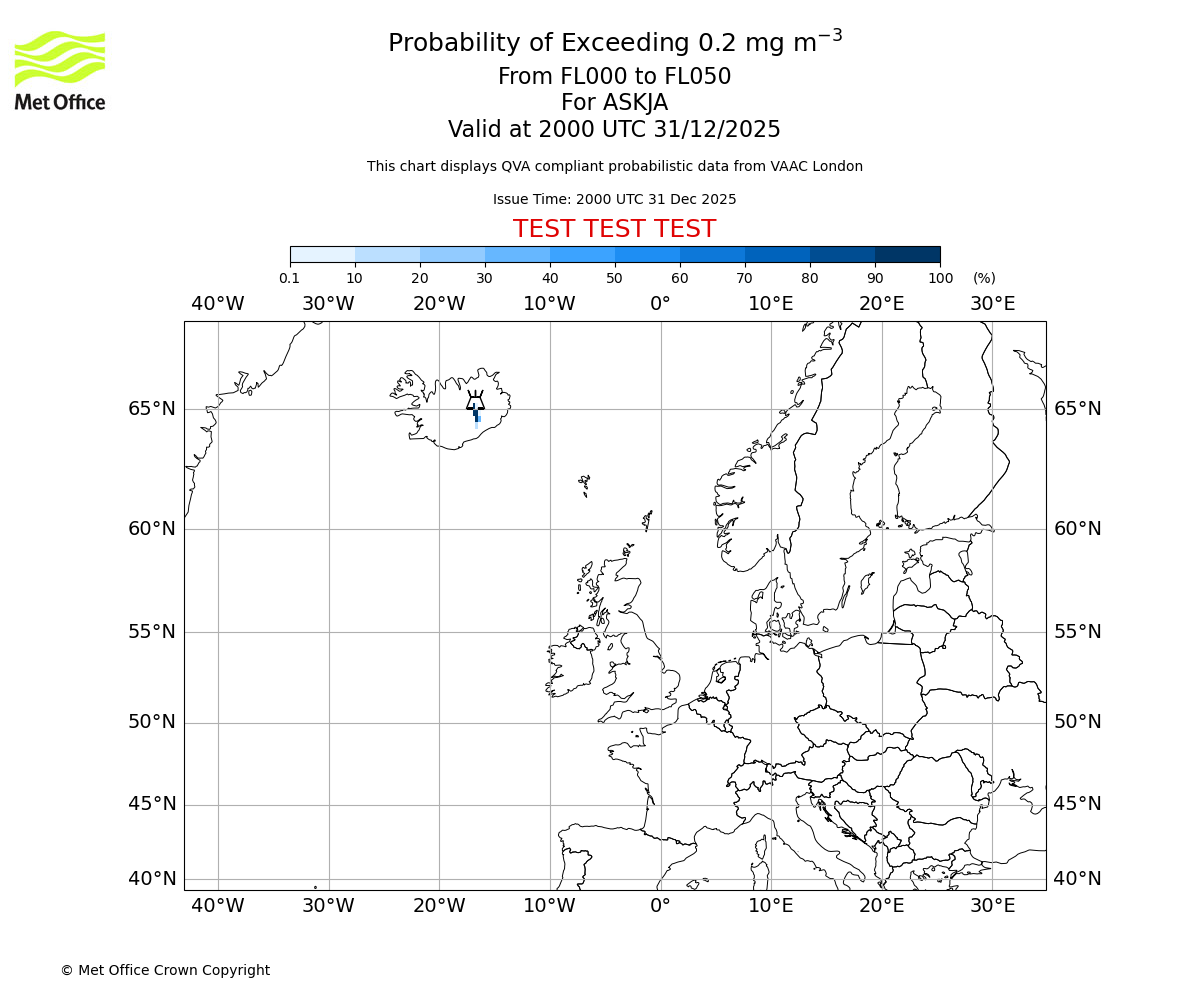 Probability of exceeding 0.2 milligrams per metre cubed. From 000 to 050 for ASKJA. Valid at 2000 UTC 31/12/2025