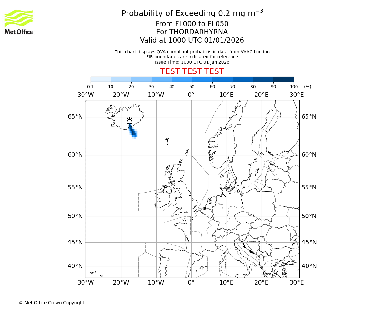 Probability of exceeding 0.2 milligrams per metre cubed. From 000 to 050 for THORDARHYRNA. Valid at 1000 UTC 01/01/2026