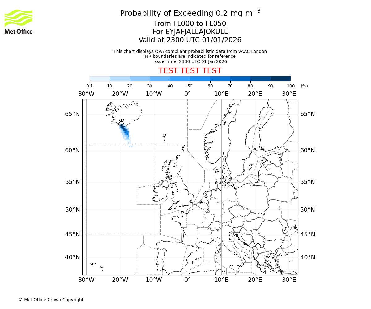 Probability of exceeding 0.2 milligrams per metre cubed. From 000 to 050 for EYJAFJALLAJOKULL. Valid at 2300 UTC 01/01/2026