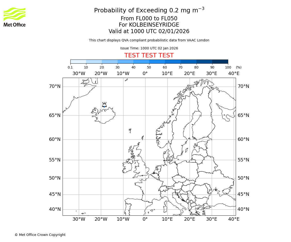 Probability of exceeding 0.2 milligrams per metre cubed. From 000 to 050 for KOLBEINSEYRIDGE. Valid at 1000 UTC 02/01/2026