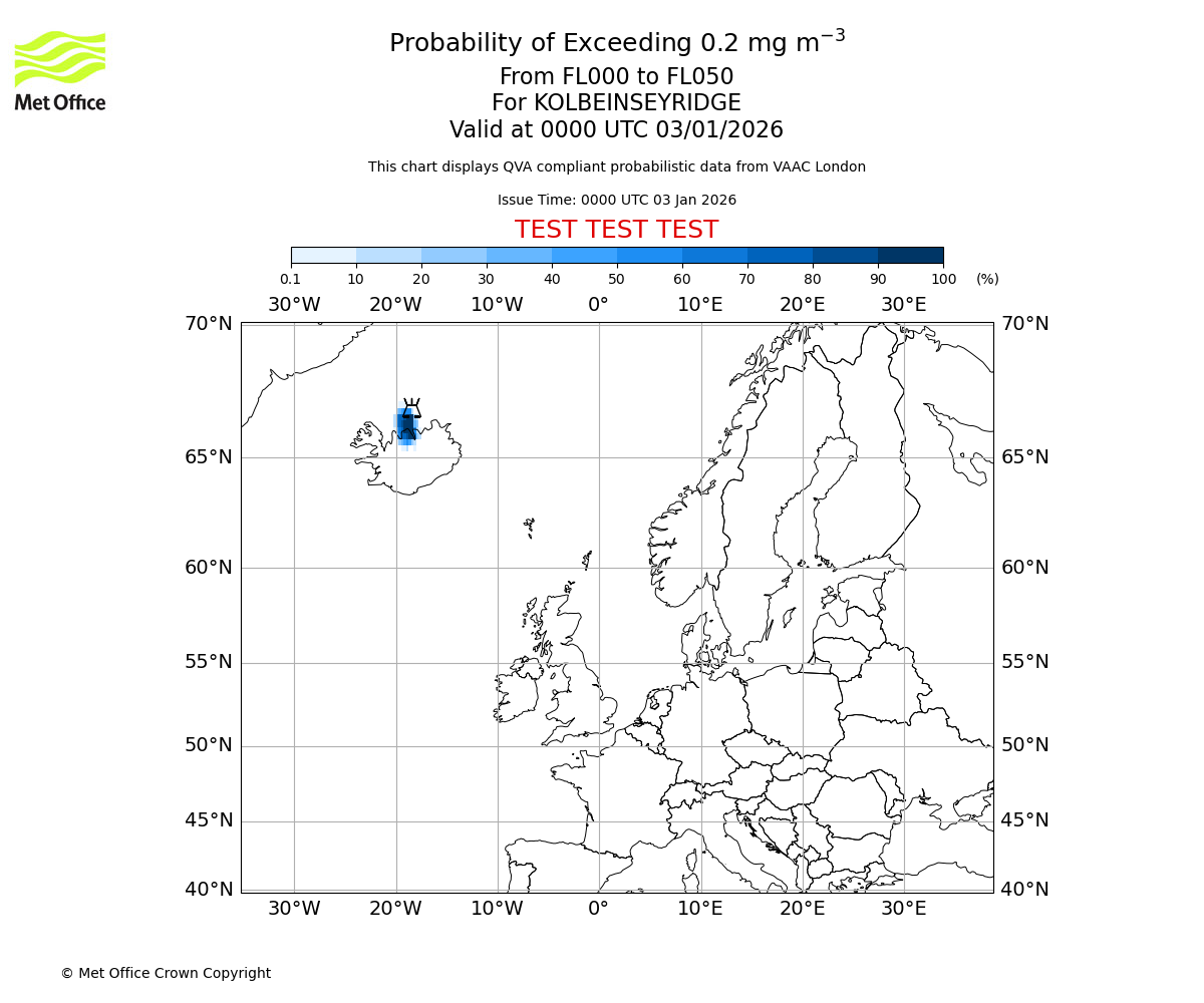 Probability of exceeding 0.2 milligrams per metre cubed. From 000 to 050 for KOLBEINSEYRIDGE. Valid at 0000 UTC 03/01/2026