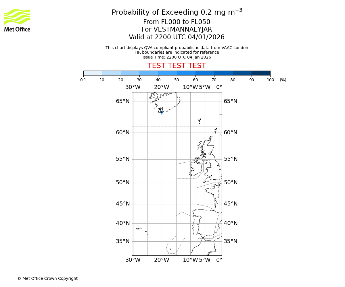 Probability of exceeding 0.2 milligrams per metre cubed. From 000 to 050 for VESTMANNAEYJAR. Valid at 2200 UTC 04/01/2026