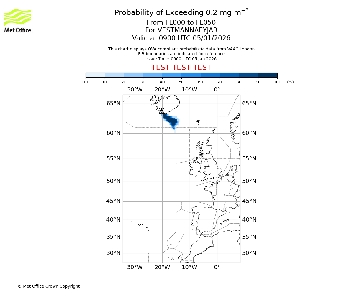 Probability of exceeding 0.2 milligrams per metre cubed. From 000 to 050 for VESTMANNAEYJAR. Valid at 0900 UTC 05/01/2026