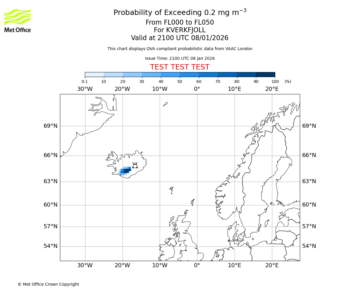 Probability of exceeding 0.2 milligrams per metre cubed. From 000 to 050 for KVERKFJOLL. Valid at 2100 UTC 08/01/2026