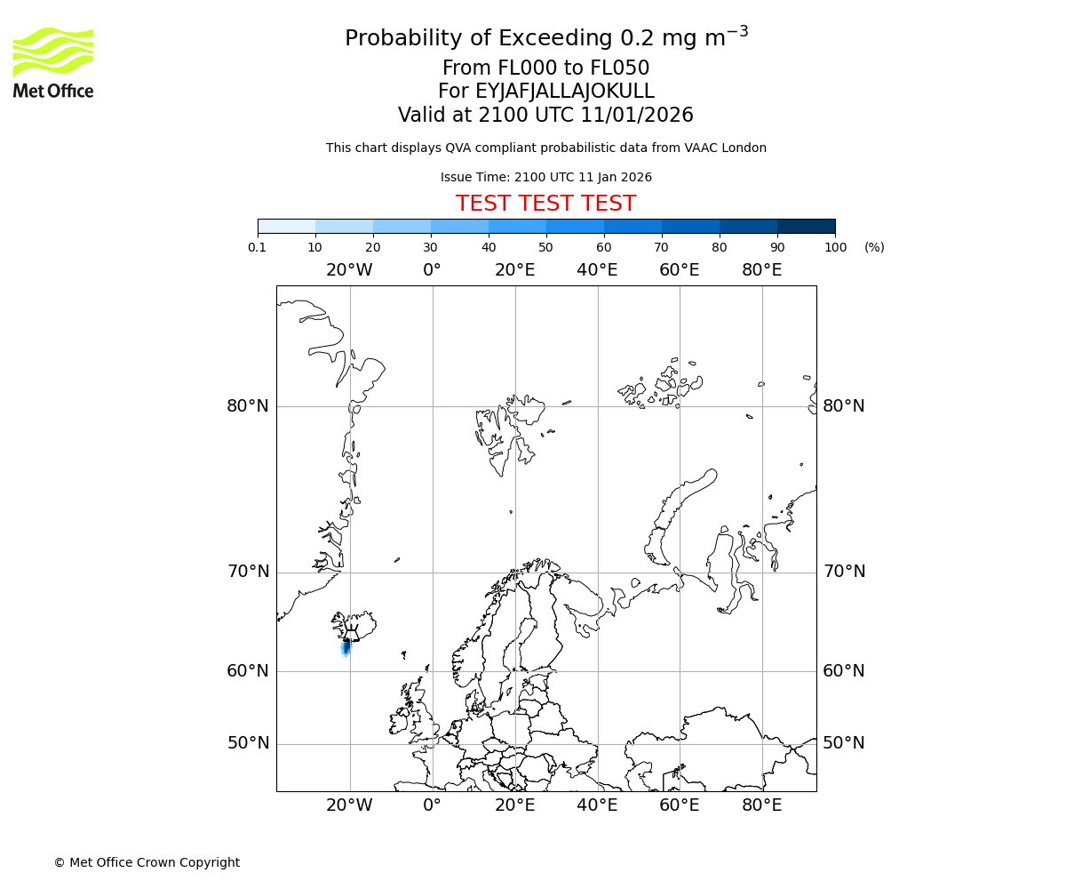 Probability of exceeding 0.2 milligrams per metre cubed. From 000 to 050 for EYJAFJALLAJOKULL. Valid at 2100 UTC 11/01/2026